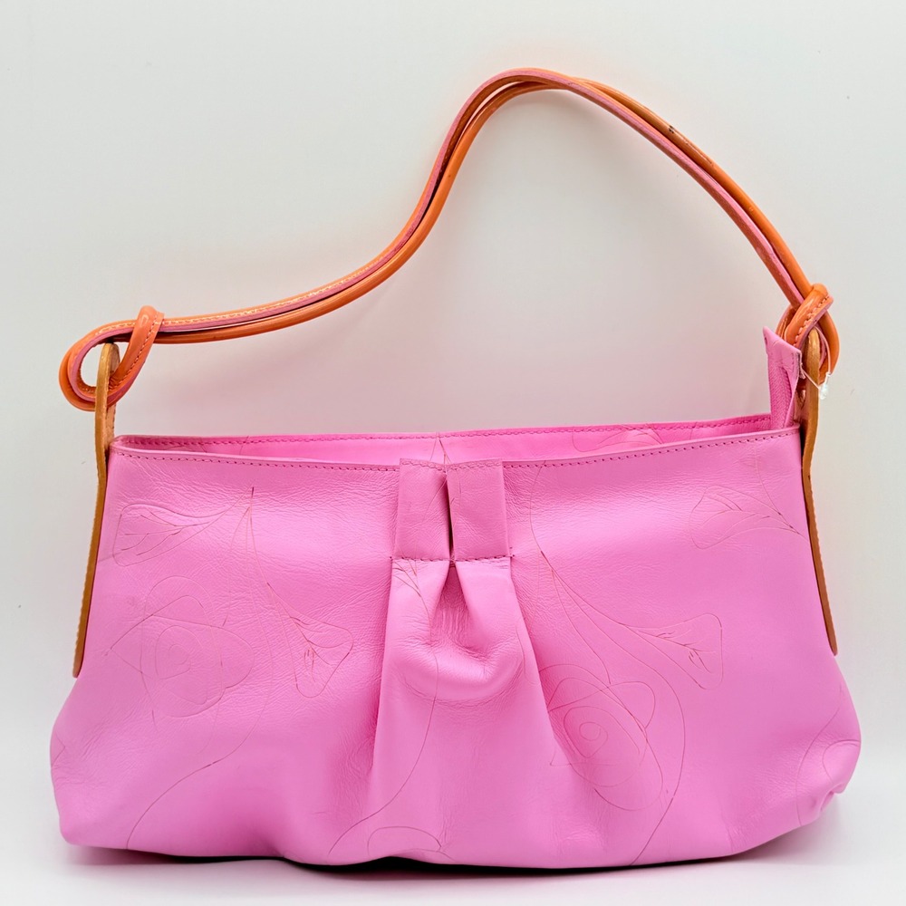 Furla Shoulder Bag Women Pink Orange Leather Embossed Floral Y2K Zip Statement